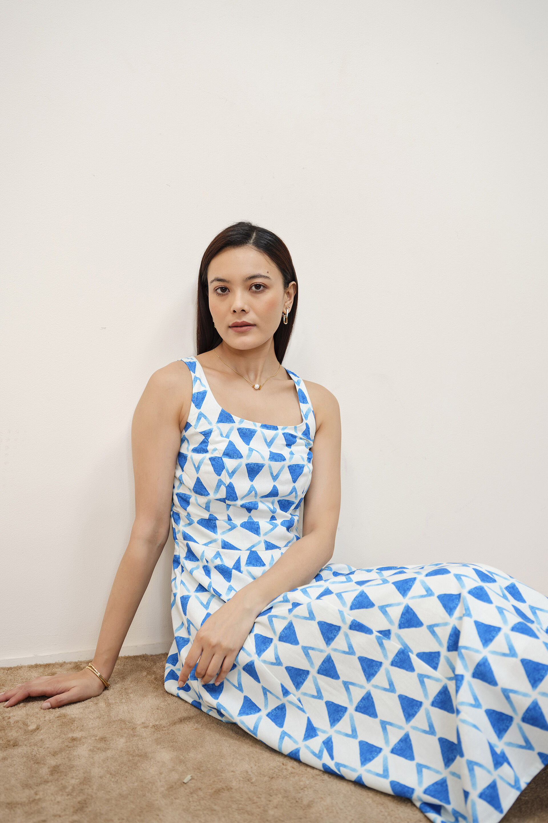 Blue Geometric Print Dress, Blue, image 2